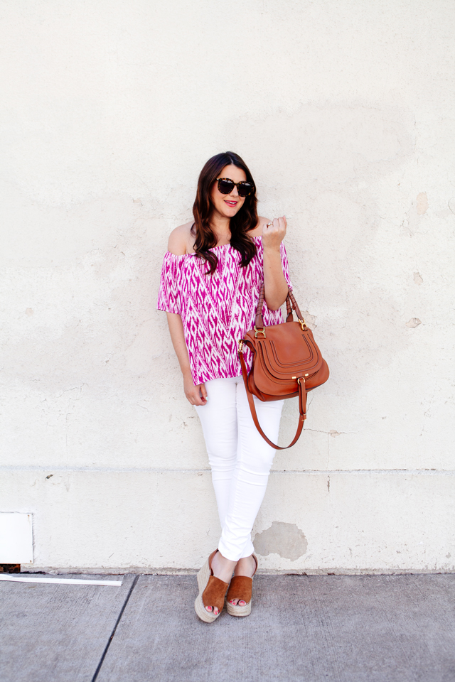 Ikat top with white jeans. Maternity summer style. 