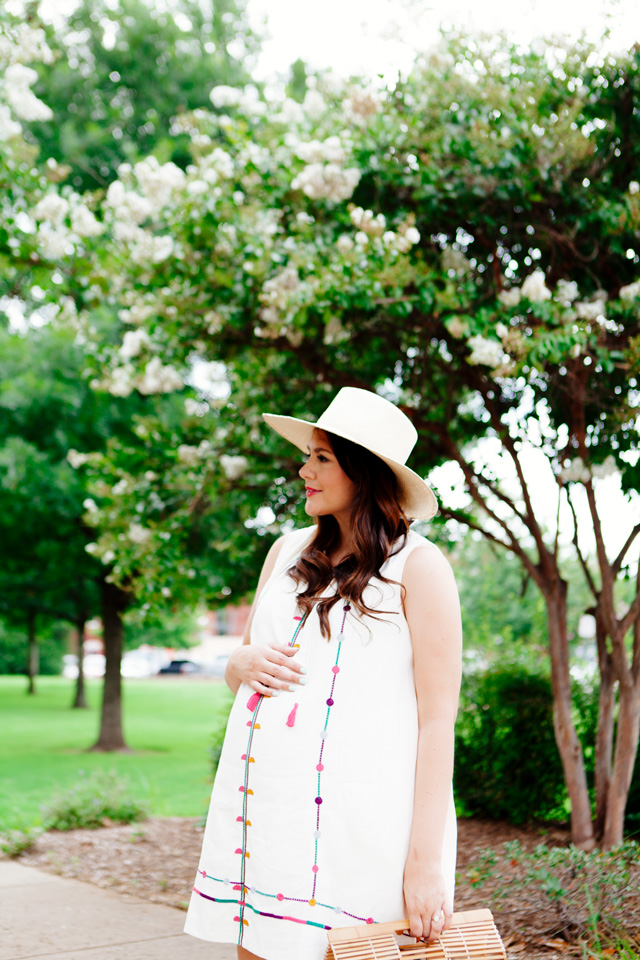 Maternity summer style, embroidered sundress