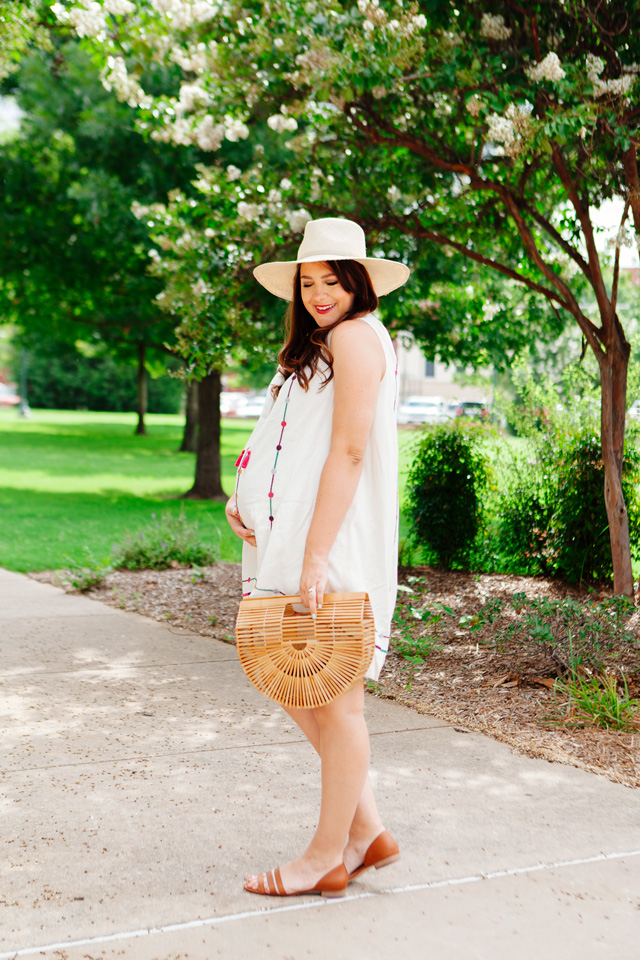 Maternity summer style, embroidered sundress