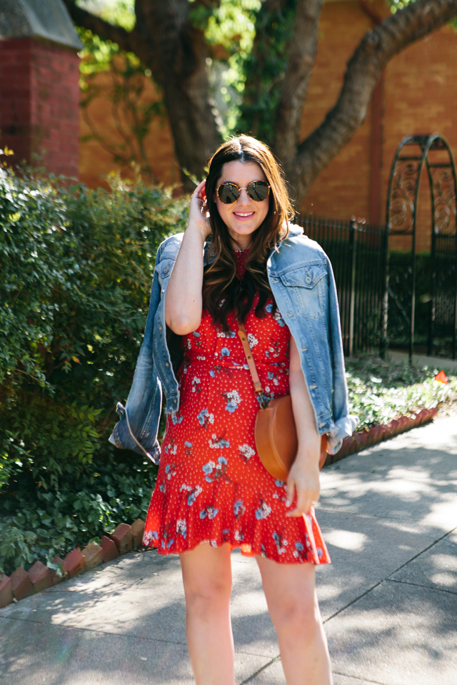 navy eyelet J.Crew dress + denim jacket + red striped belt… | Flickr