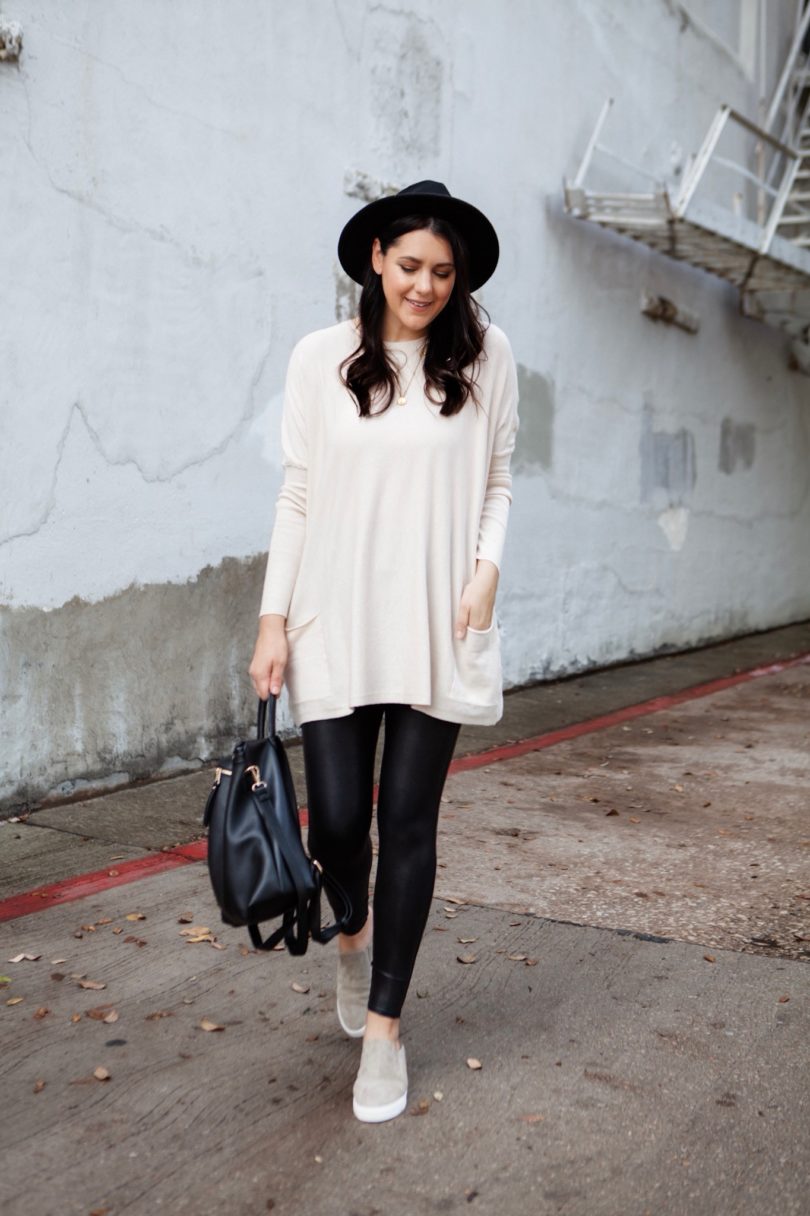 faux leather leggings and white oversized sweater The Glamorous Gal - The  Glamorous Gal