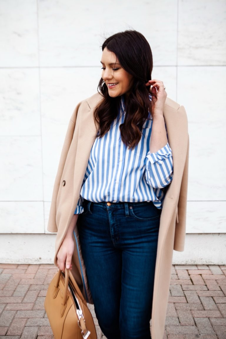 Striped Button Down with Camel Coat | kendi everyday