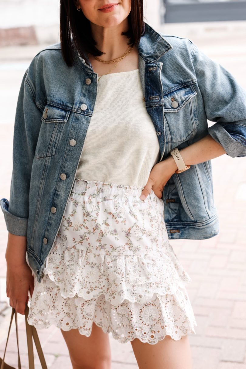 jacket, denim jacket, mini dress, floral dress, white sneakers