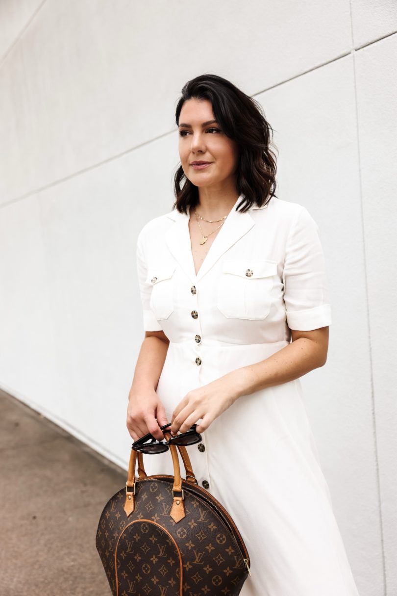 Kendi Everyday wearing  White Button Down Dress Louis Vuitton  Monogram Ellipse Satchel 06