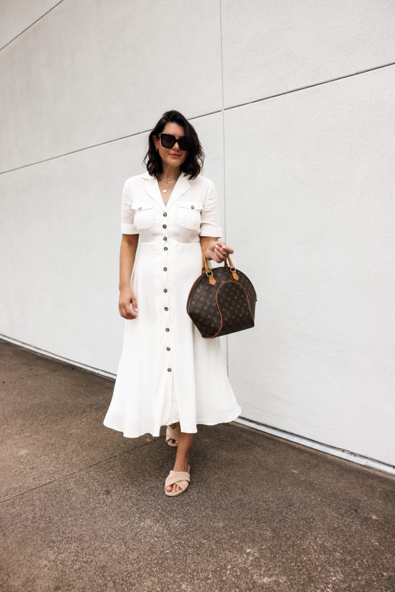 Kendi Everyday wearing  White Button Down Dress Louis Vuitton Monogram  Ellipse Satchel 06