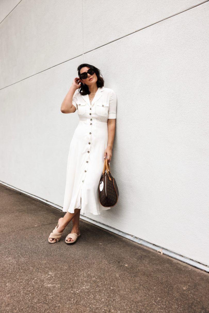 Kendi Everyday wearing  White Button Down Dress Louis Vuitton  Monogram Ellipse Satchel 06