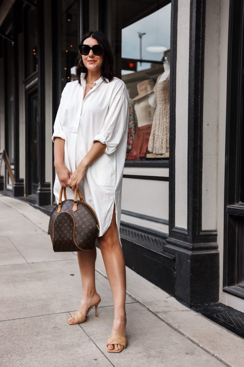 Kendi Everyday wearing  White Button Down Dress Louis Vuitton  Monogram Ellipse Satchel 06