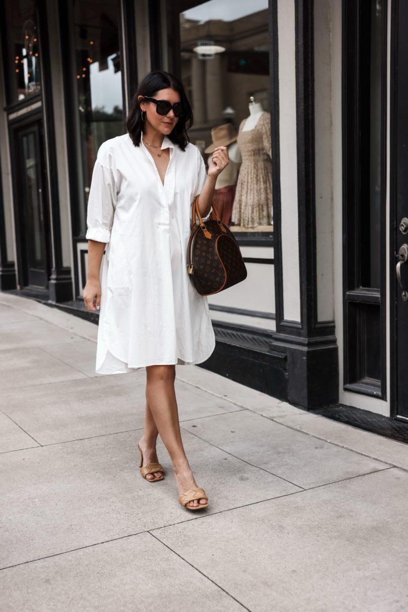 Kendi Everyday wearing  White Button Down Dress Louis Vuitton  Monogram Ellipse Satchel 06