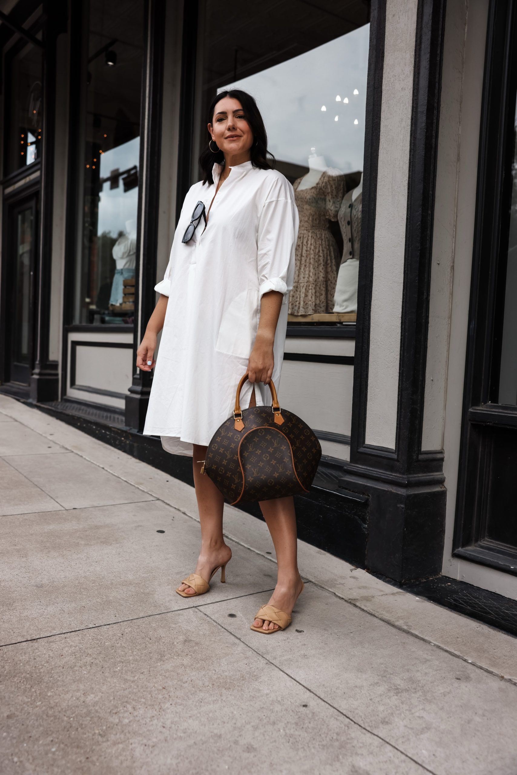 Kendi Everyday wearing  White Button Down Dress Louis Vuitton Monogram  Ellipse Satchel 06