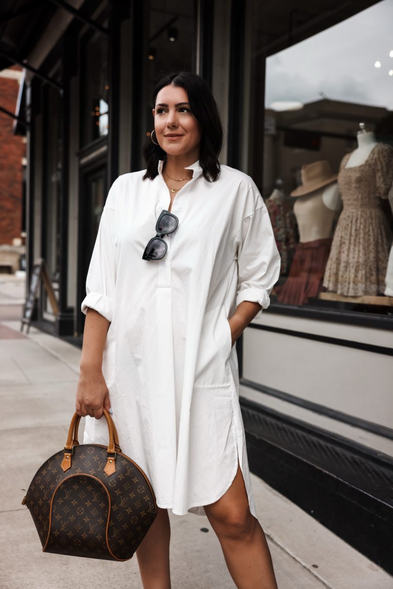 Kendi Everyday wearing  White Button Down Dress Louis Vuitton  Monogram Ellipse Satchel 06