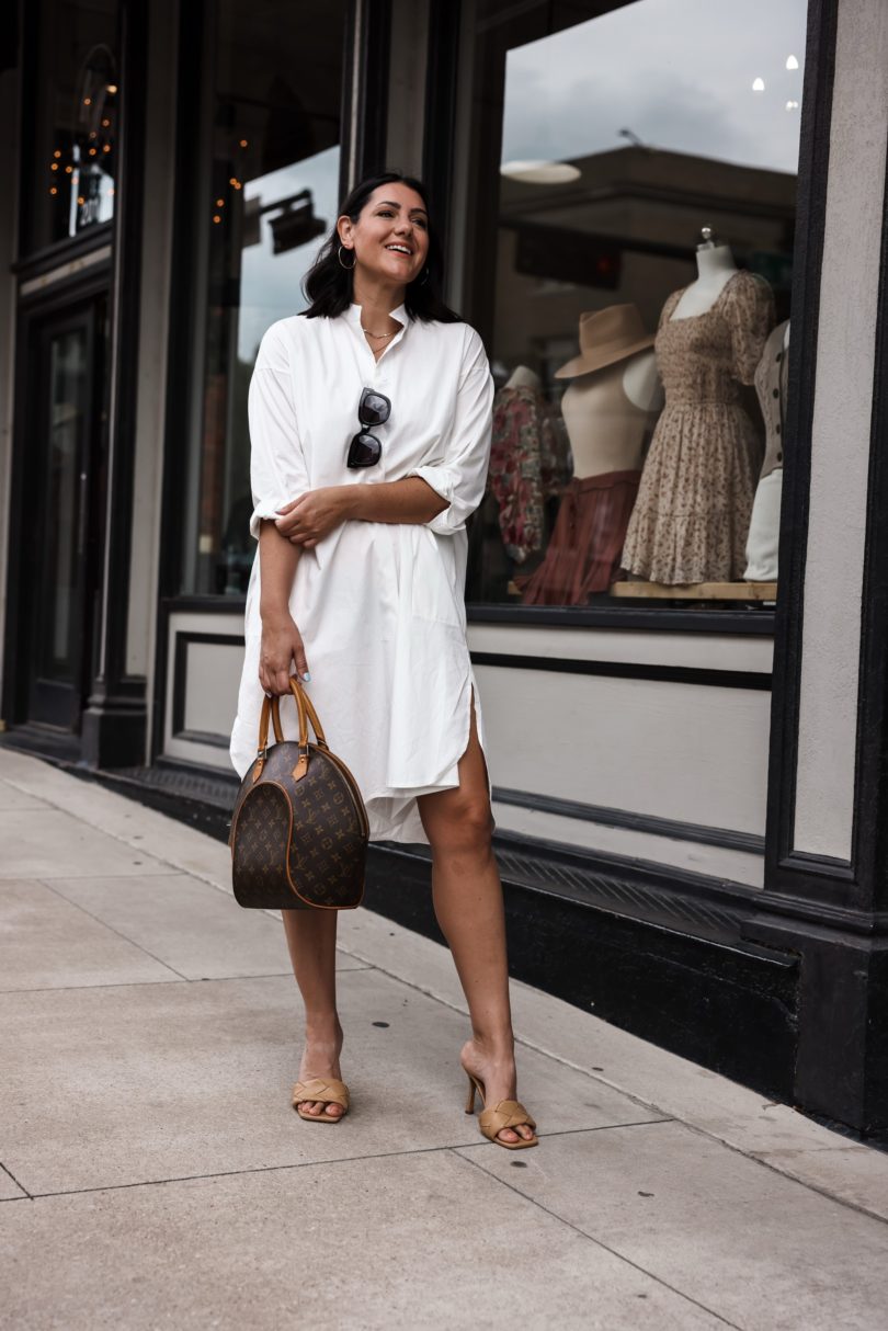 Kendi Everyday wearing  White Button Down Dress Louis Vuitton Monogram  Ellipse Satchel 09