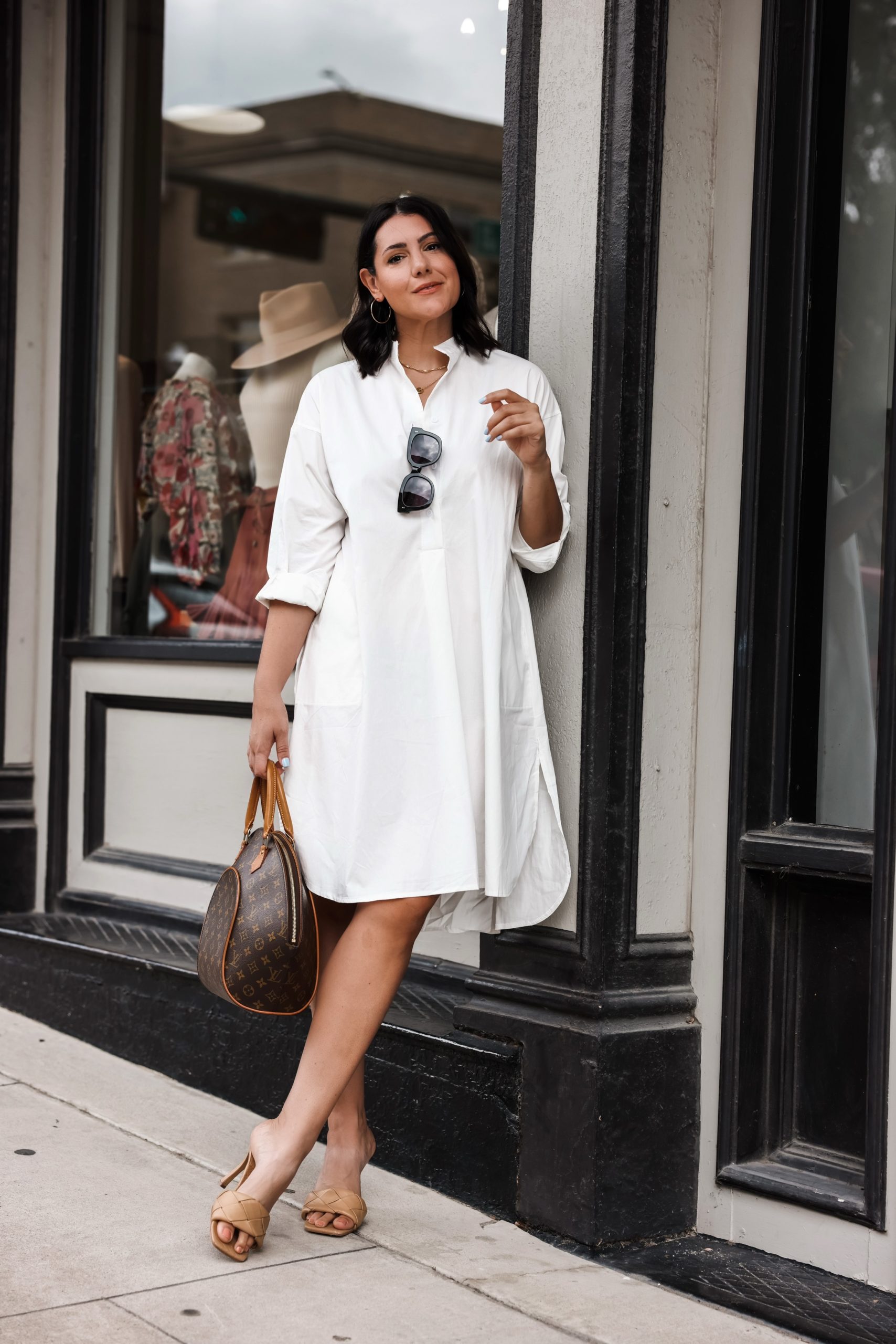 white denim skirt outfit with striped sweater louis vuitton graceful mm  YESMISSY - YesMissy