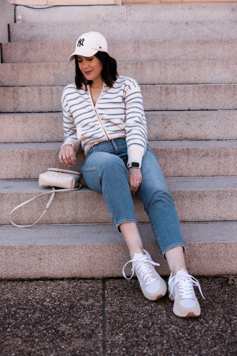 Spring weekend cafe outfit - pink off shoulder top, white jeans, studded  sandals, an…